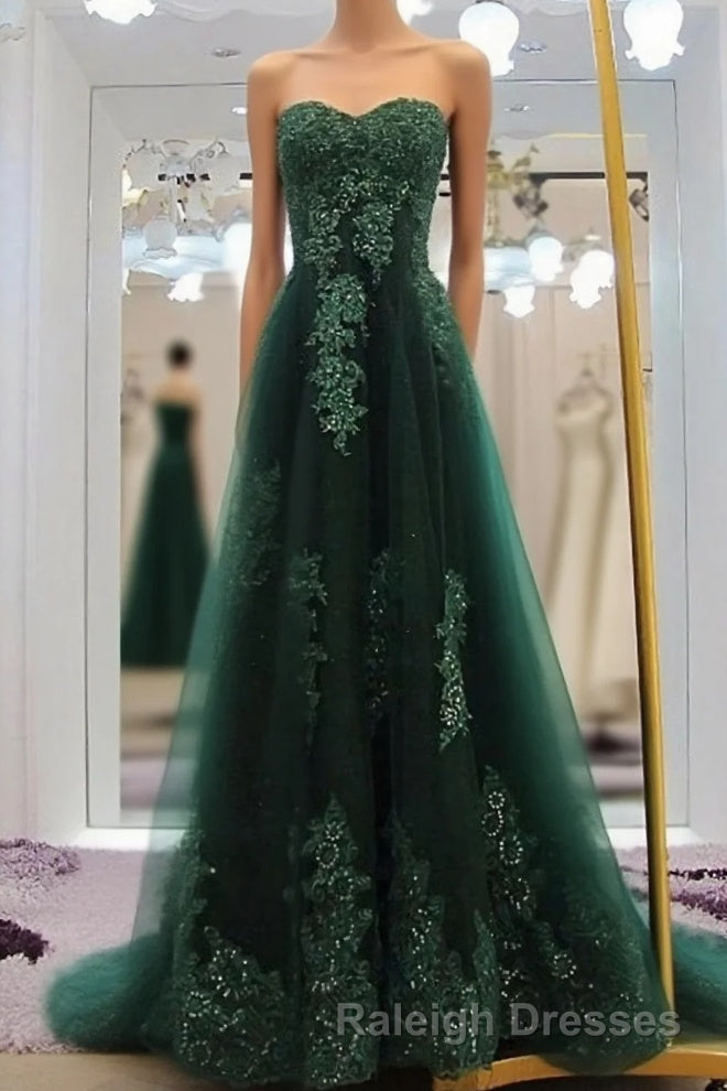 Sweetheart Long Lace Green Sweep Train Lace Up Prom Dress