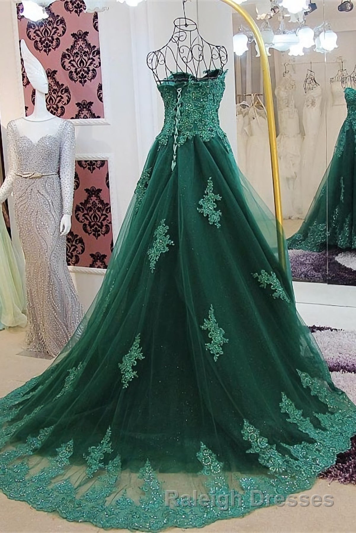 Sweetheart Long Lace Green Sweep Train Lace Up Prom Dress Secondary image