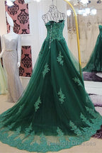 Sweetheart Long Lace Green Sweep Train Lace Up Prom Dress