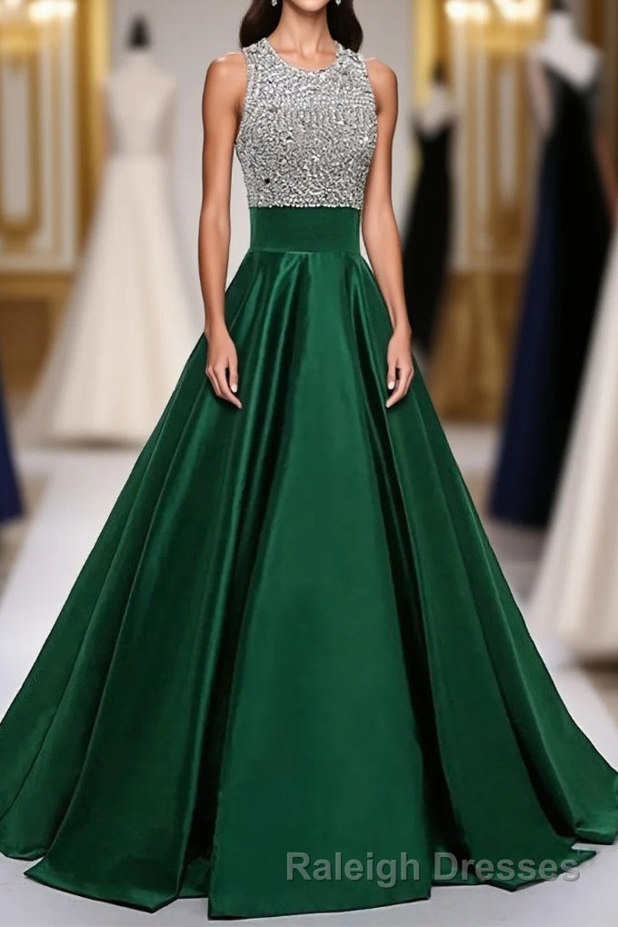 Satin Green Modest Beading Long For Teens Prom Dresses – Raleigh Dresses