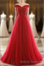 Off The Shoulder Red A Line Pleated Long Red Prom Dresses