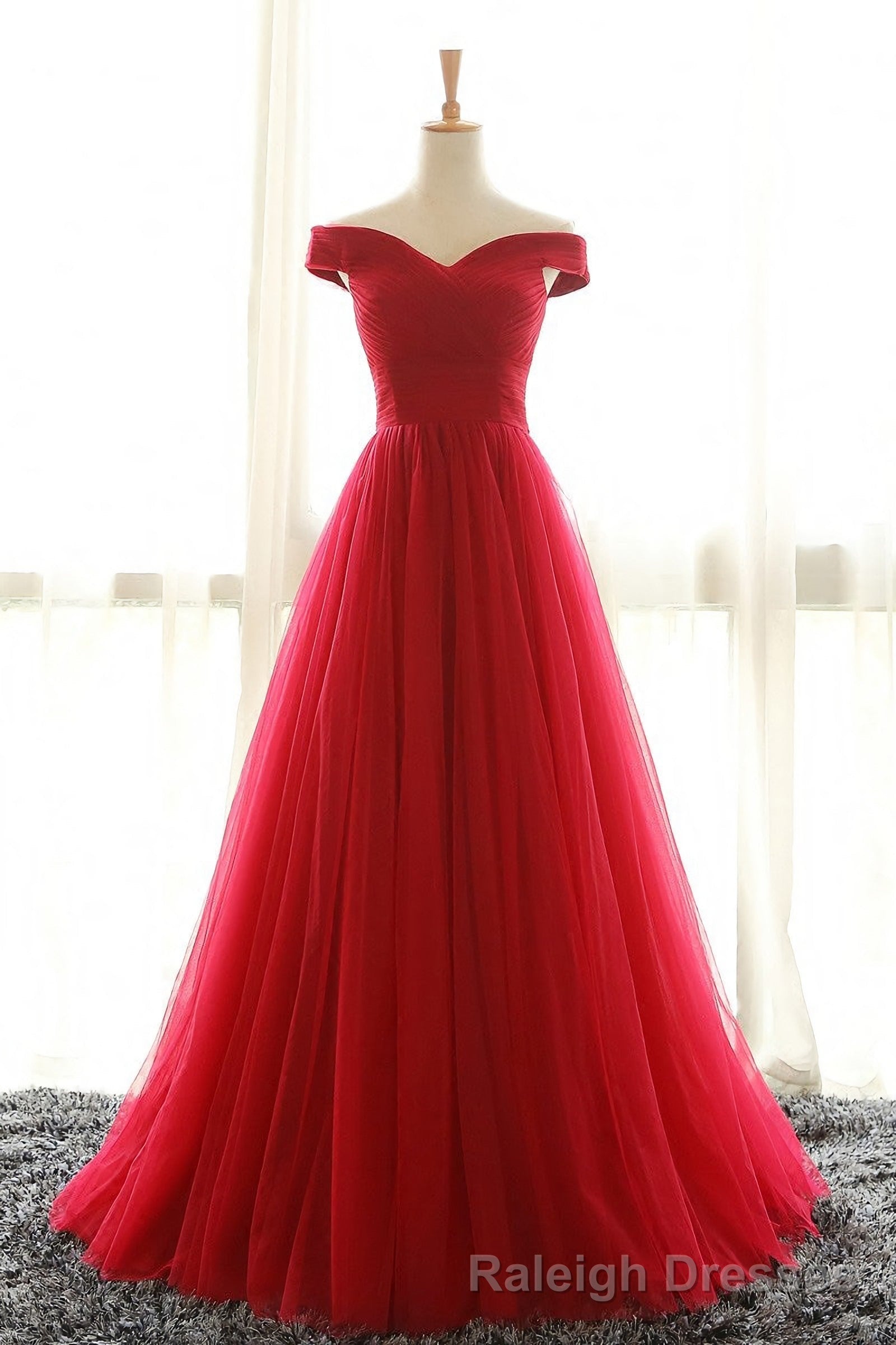 Off The Shoulder Red A Line Pleated Long Red Prom Dresses Main image