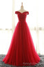 Off The Shoulder Red A Line Pleated Long Red Prom Dresses