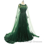 Elegant Women Beaded Lace With Long Appliques Tulle Cape Emerald Green Prom Dresses