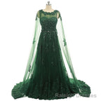 Elegant Women Beaded Lace With Long Appliques Tulle Cape Emerald Green Prom Dresses