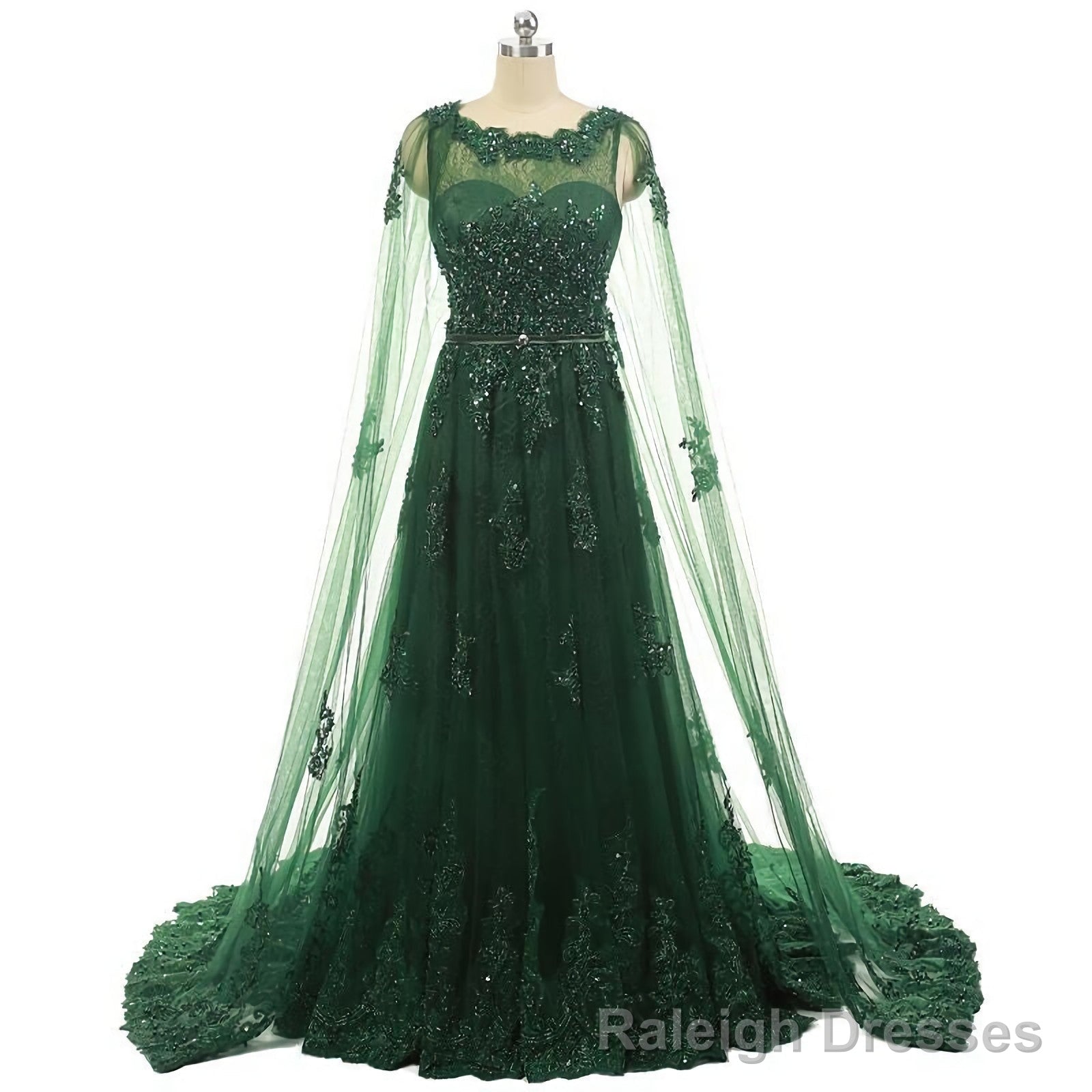Elegant Women Beaded Lace With Long Appliques Tulle Cape Emerald Green Prom Dresses