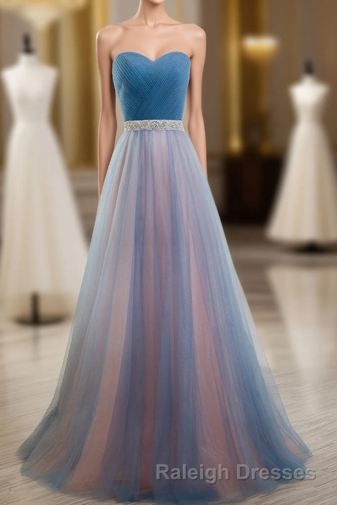 Sweetheart Blue Peach Tulle Strapless Long Pleated Sexy A Line With Beads Sashes Prom Dresses