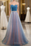 Sweetheart Blue Peach Tulle Strapless Long Pleated Sexy A Line With Beads Sashes Prom Dresses
