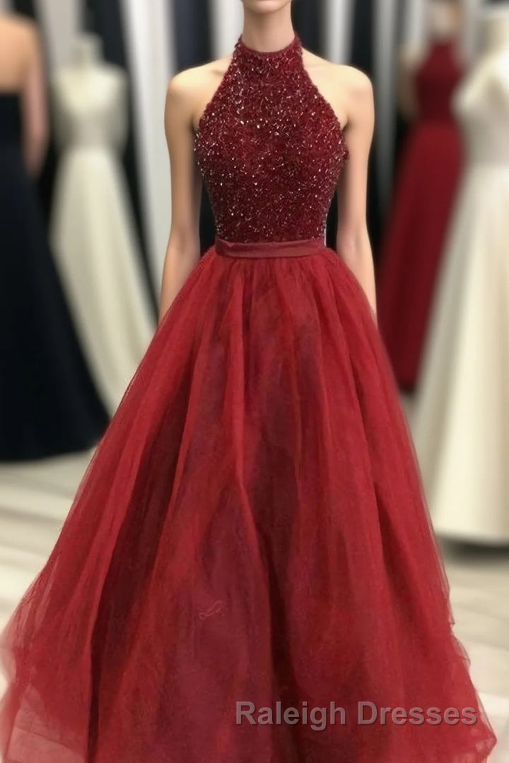 Charming Beading Long Red Halter Prom Dresses Main image
