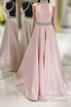 Pink Backless Halter Simple Handmade Plus Size Elegant Prom Dresses