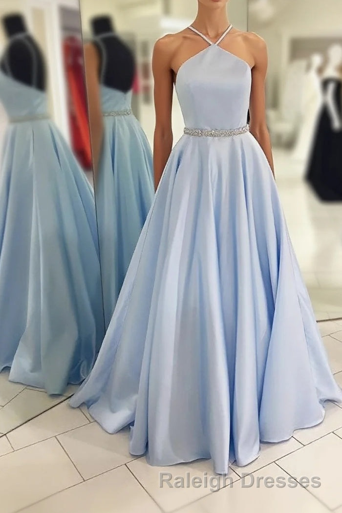 Backless Beading Spaghetti Straps A Line Light Blue Long Prom Dresses Main image