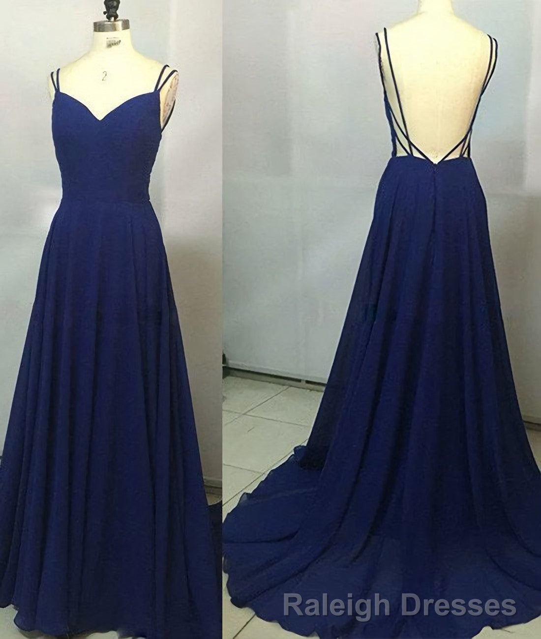 Simple A Line Spaghetti Straps Backless Royal Blue Long Prom Dresses Main image