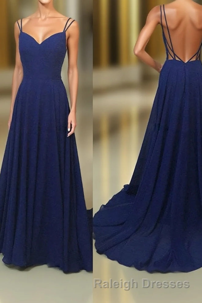 Simple A Line Spaghetti Straps Backless Royal Blue Long Prom Dresses Main image
