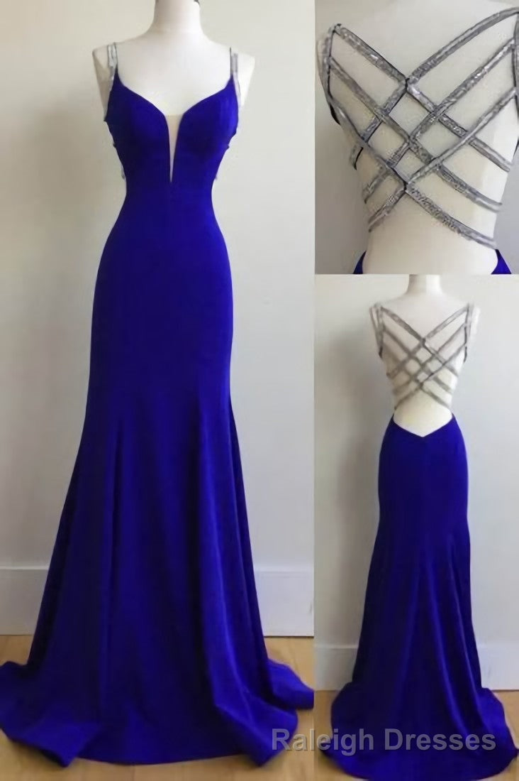 Sexy Mermaid Spaghetti Straps Royal Blue Long With Beading Sexy Prom Dresses Main image