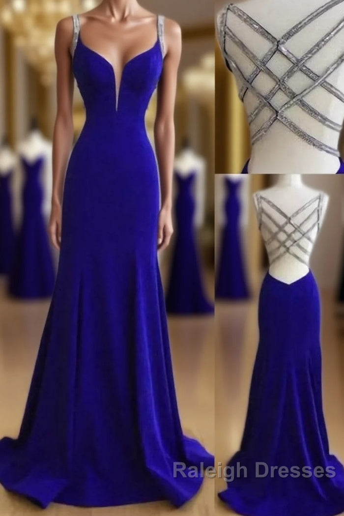 Sexy Mermaid Spaghetti Straps Royal Blue Long With Beading Sexy Prom Dresses Main image