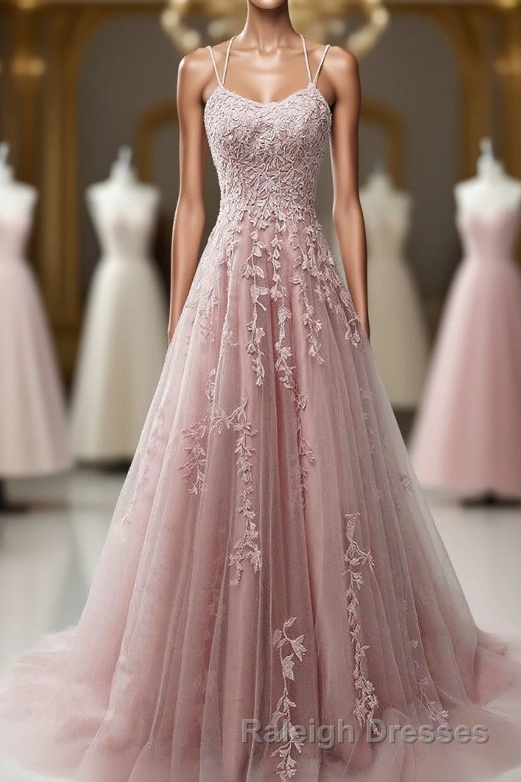 Pink Scoop Tulle Straps With Lace Long Prom Dress, Pink A-Line Formal Dress Main image