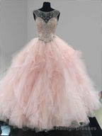 Prom Ball Gown See Through Neck Tulle Light Pink Quinceanera Dresses