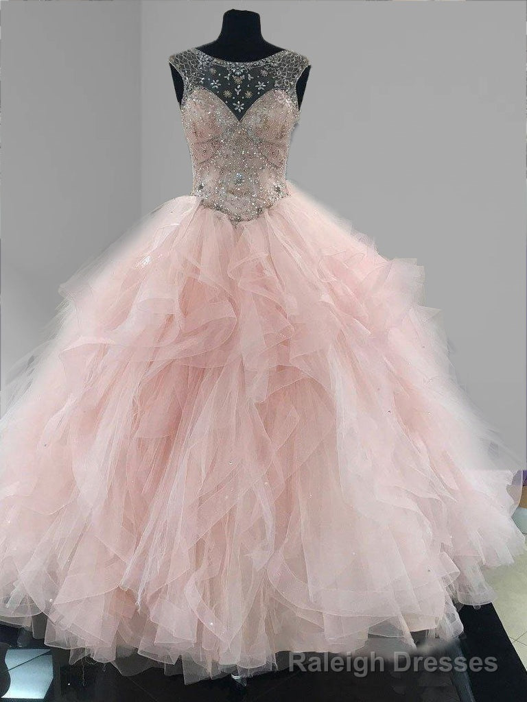 Prom Ball Gown See Through Neck Tulle Light Pink Quinceanera Dresses