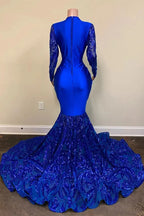 Blue Shiny Sexy V-Neck Long Sleeves Formal Prom Dress Evening Gown Party Dress