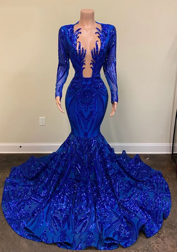 Blue Shiny Sexy V-Neck Long Sleeves Formal Prom Dress Evening Gown Party Dress