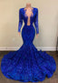 Blue Shiny Sexy V-Neck Long Sleeves Formal Prom Dress Evening Gown Party Dress