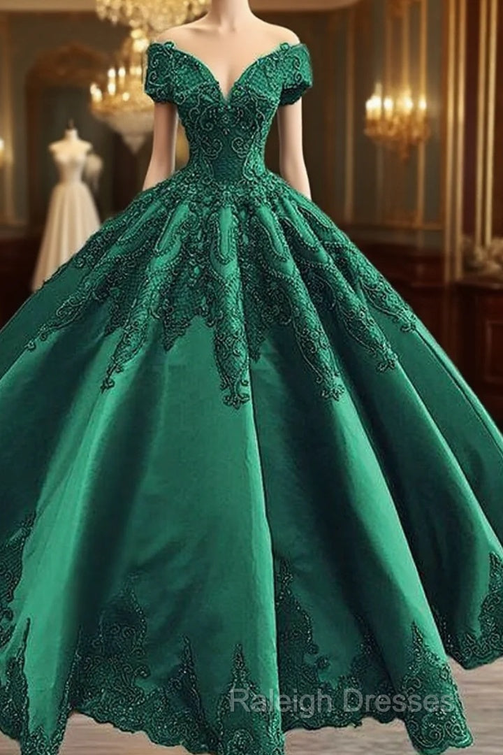 Prom Dresses Elegant Green Satin Ball Gown Wedding Dress Lace Embroidery Beaded Off The Shoulder For Bridal Party Main image