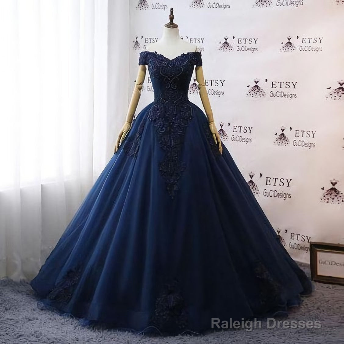 Prom Dresses, Navy Blue Wedding Dresses, Floral Lace Ball Gown Off Shoulder Evening Dress Main image