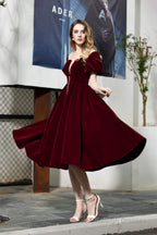 Puff Sleeve Ankle Length Velvet Deep V-Neck Vintage Prom Dresses