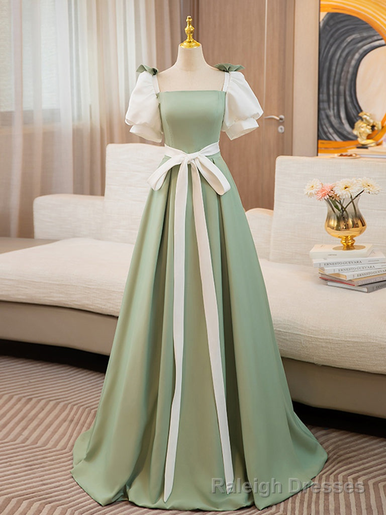 Puff  Sleeves A-line Satin Green/White Long Prom Dress, Green Long Formal Dress Secondary image