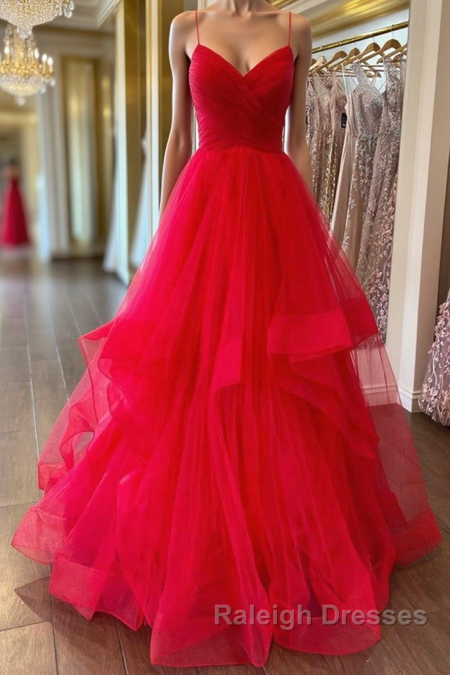 Puffy Red Tulle V Neck Long Prom Dresses, V Neck Red Formal Dresses, Red Evening Dresses Main image