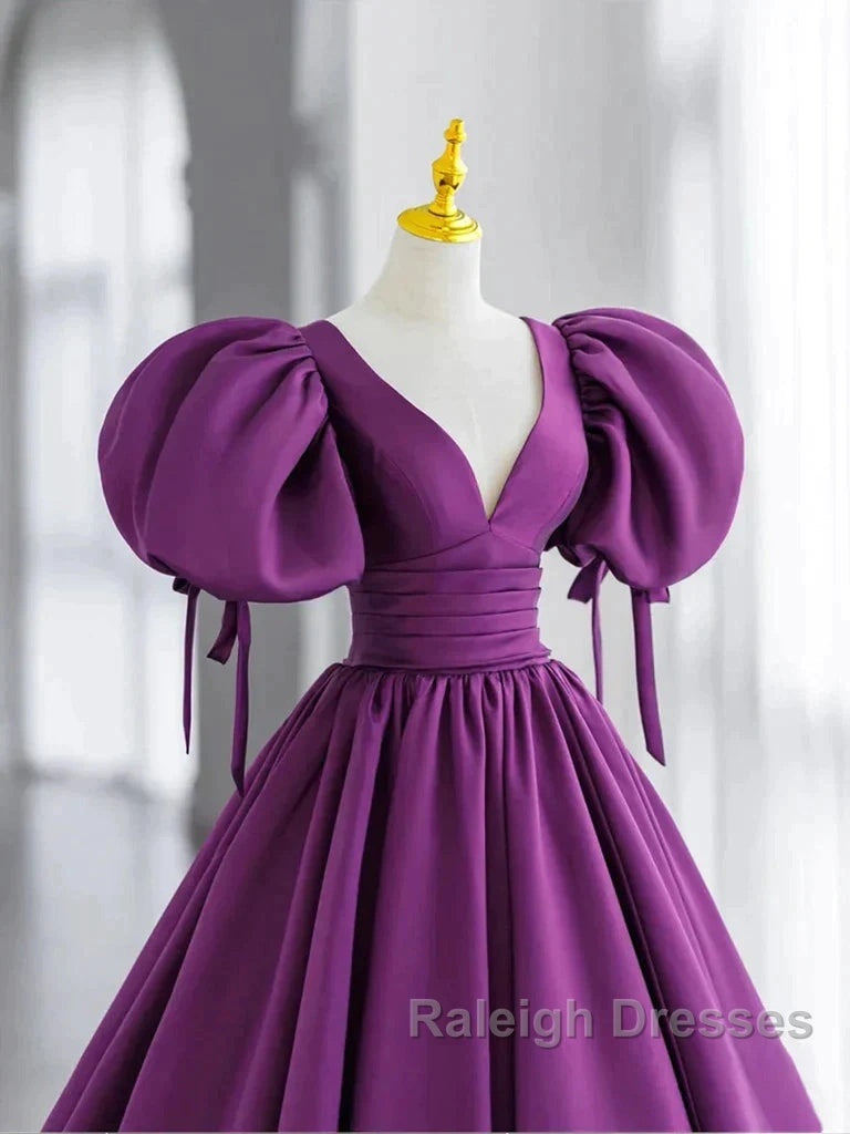 Puffy Sleeve Backless Satin Purple Backless Prom Dresses