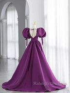 Puffy Sleeve Backless Satin Purple Backless Prom Dresses