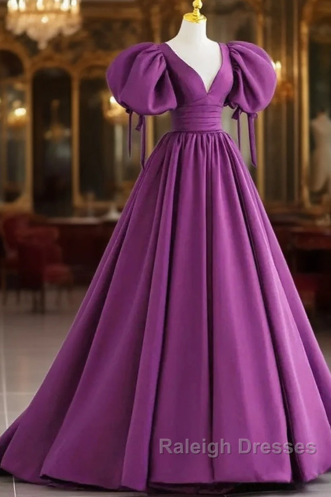 Puffy Sleeve Backless Satin Purple Backless Prom Dress Main image