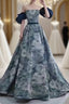 Puffy Sleeves Print Blue Quinceanera Prom Dress