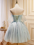 Puffy Tulle Off Shoulder Green Short Prom Dresses Green Cute Homecoming Dress