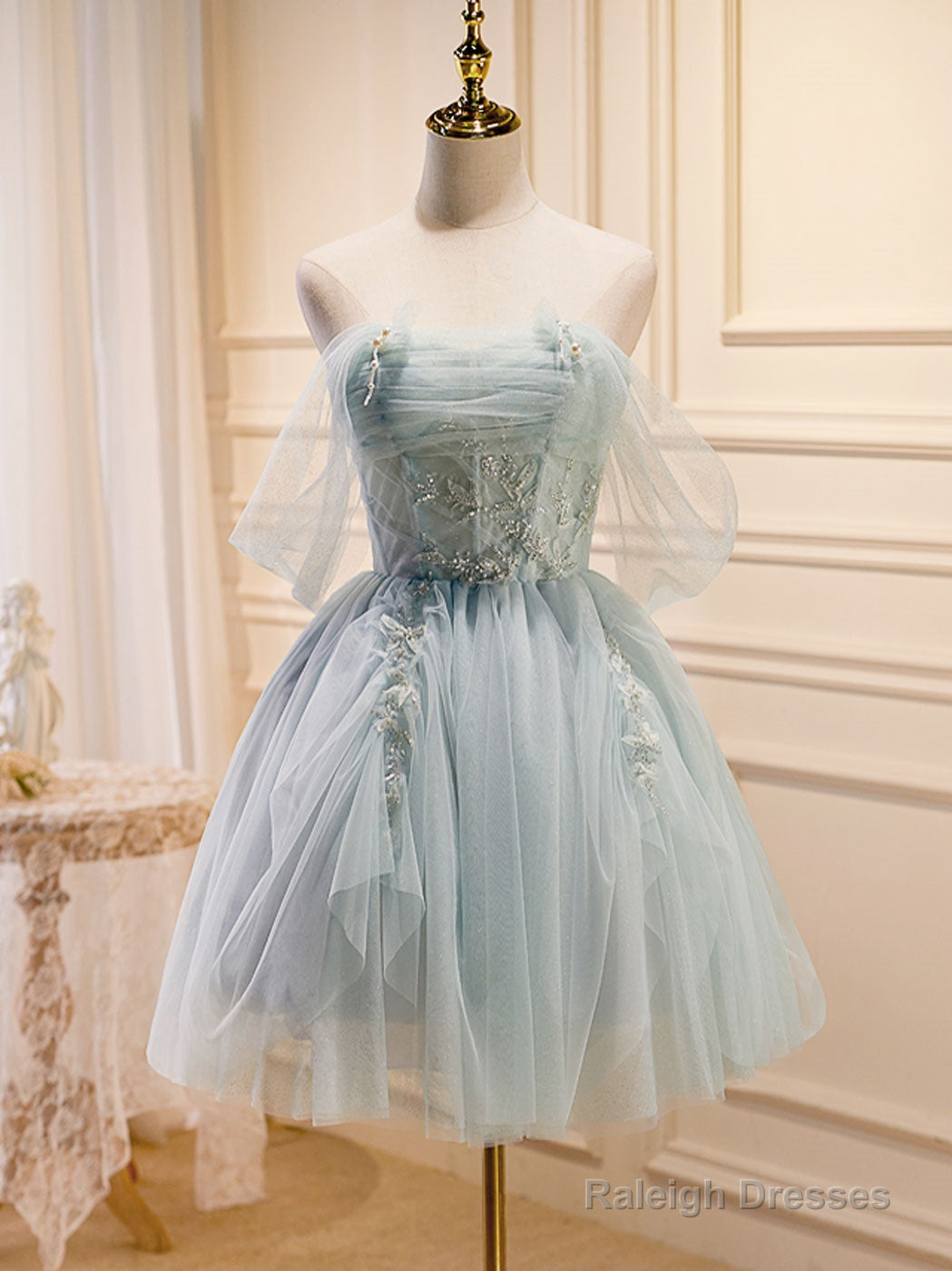 Puffy Tulle Off Shoulder Green Short Prom Dress, Green Cute Homecoming Dresses Main image