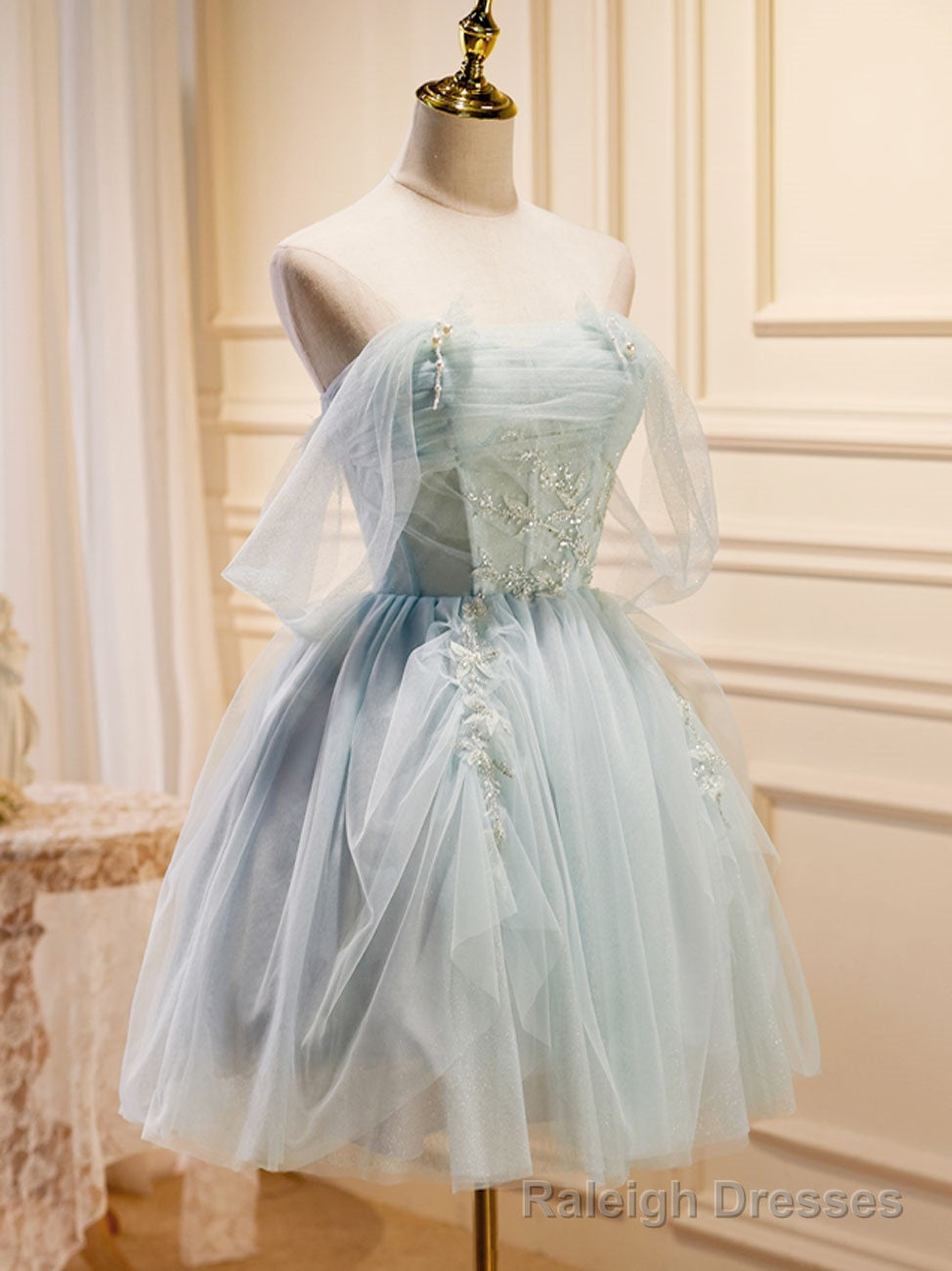 Puffy Tulle Off Shoulder Green Short Prom Dress, Green Homecoming Dresses Main image