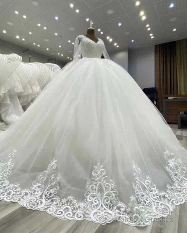 Puffy Wedding Dress Ball Gown Tulle V Neck Lace Sleeves Main image