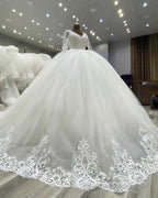 Puffy Wedding Dresses Ball Gowns Tulle V Neck Lace Sleeves