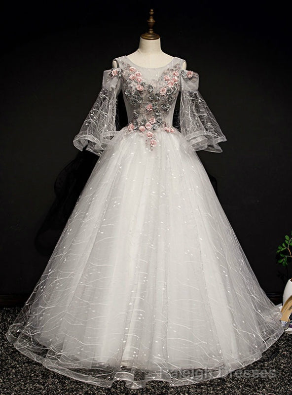 Purchase Your Favorite Gray Ball Gown Tulle Short Sleeve Appliques Quinceanera Dress Main image