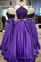 Purple 2 Piece Lace Prom Dress Halter Long Evening Gowns With Pockets