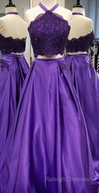 Purple 2 Piece Lace Prom Dress Halter Long Evening Gowns With Pockets