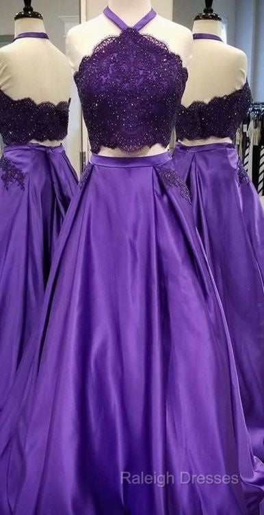 Purple 2 Piece Lace Prom Dress Halter Long Evening Gowns With Pockets