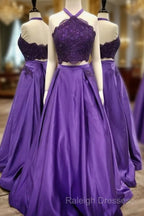 Purple 2 Piece Lace Prom Dress Halter Long Evening Gowns With Pockets