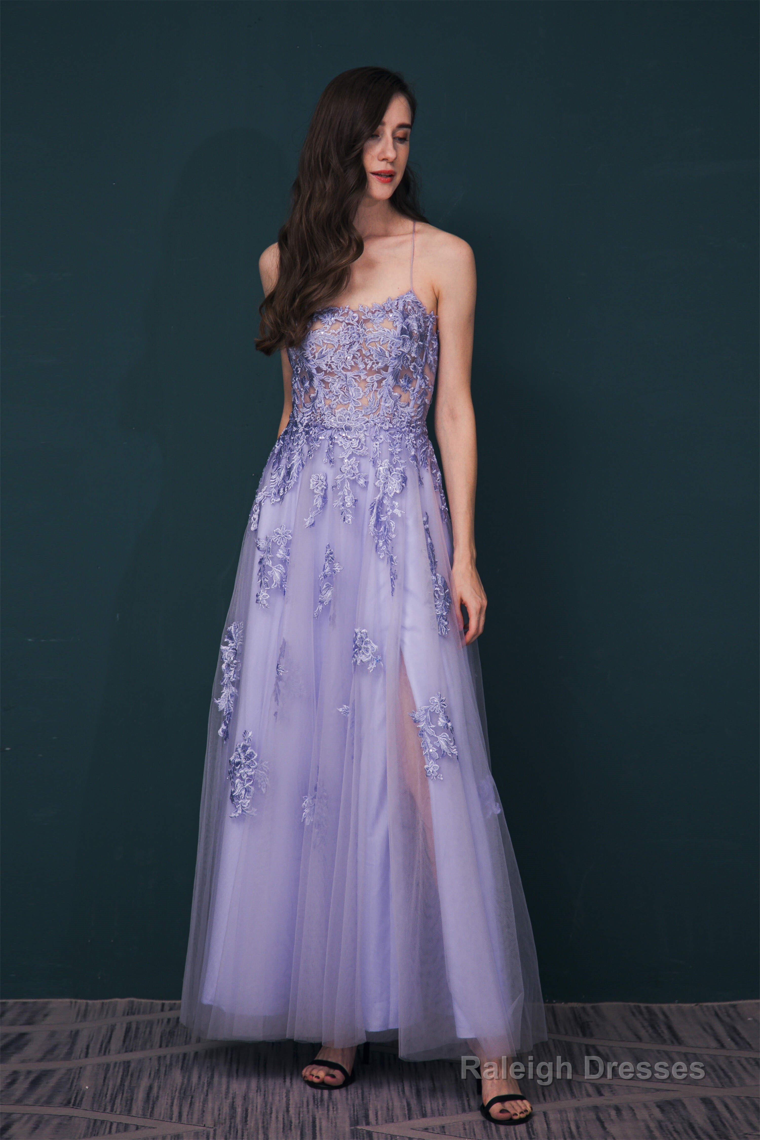 A-line Lace Appliques Long Prom Dresses