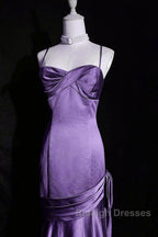 Purple A-Line Mermaid Straps Prom Dresses Purple Satin Prom Dresseses