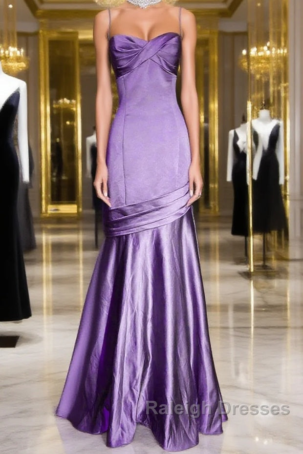 Purple A-Line Mermaid Straps Prom Dresses Purple Satin Prom Dresseses Main image
