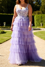 Purple A-Line Sequins Tulle Corset Tiered Long Prom Dress with Lace Up Back