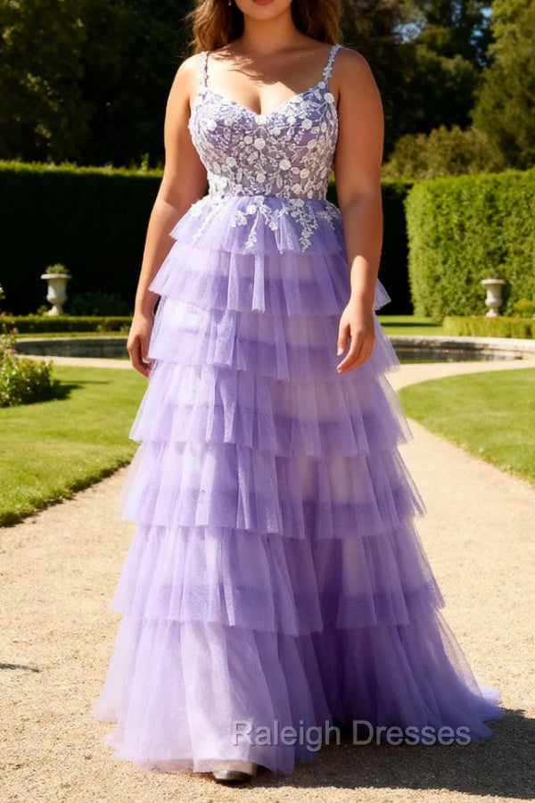 Purple A-Line Sequins Tulle Corset Tiered Long Prom Dress with Lace Up Back