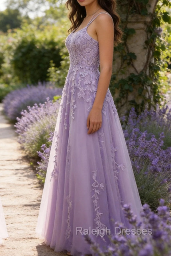 Purple A-Line Spaghetti Straps Long Prom Dress with Appliques Secondary image